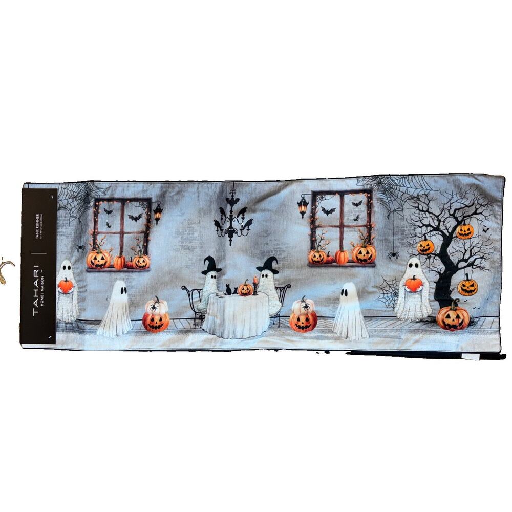 Tahari Home Halloween Beaded Table Runner Ghosts Pumpkins Bats Spooky 16"x90"